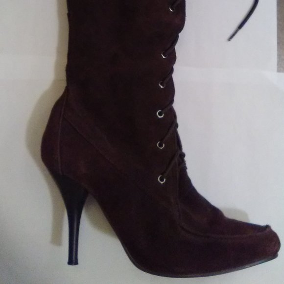 CAMI BROWN SUEDE KNEE HIGH HIGH HEEL BOOTS SIZE 6.5 - Picture 1 of 5